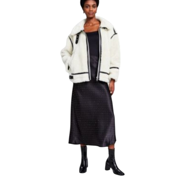 New cream Shearling Bomber Jacket faux Leather Black Trim Sz L - Picture 2 of 12